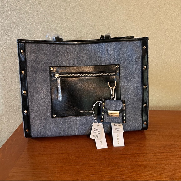 NWT Ideal Of Sweden Daria‎ Shopper Bag Denim Large Tote Bag with AirPod case - Picture 11 of 11